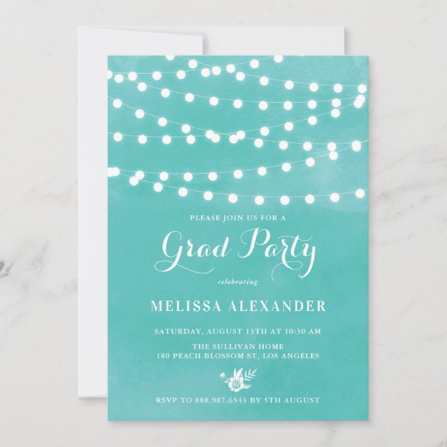 Fairy Lights Turquoise Graduation Party Invitation (Devant)