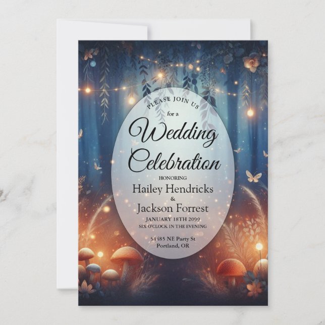 Fairy Lights und Moonlit Forest Magic Wedding Einladung (Vorderseite)