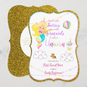 Fairy Mermaid Unicorn Invitations Gold Parties sci