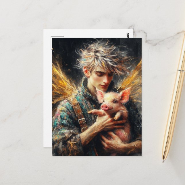 Fairy mit Baby Pig Postkarte (Vorderseite/Rückseite Beispiel)