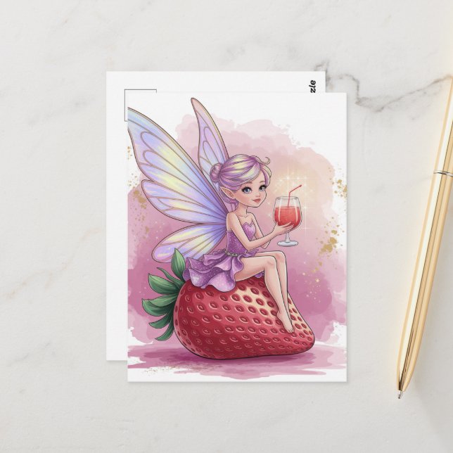 Fairy mit einem Glas Erdbeeren Punch Fantasy Postkarte (Vorderseite/Rückseite Beispiel)