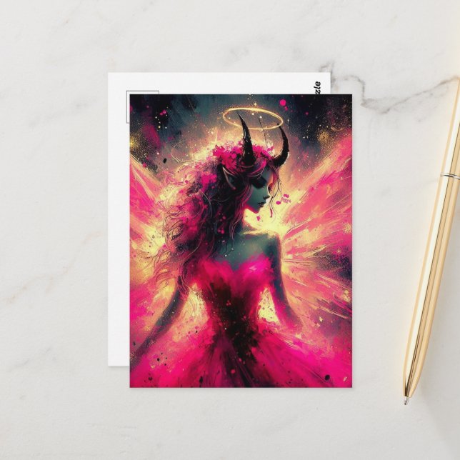 Fairy mit Hörnern, die sie in Rosa aufhalten Postkarte (Vorderseite/Rückseite Beispiel)