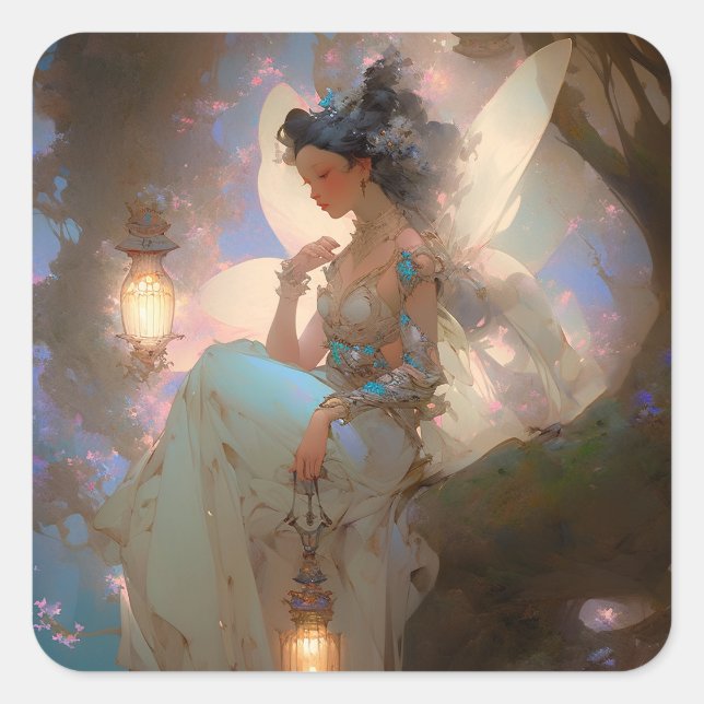Fairy mit Lattern Quadratischer Aufkleber (Vorderseite)