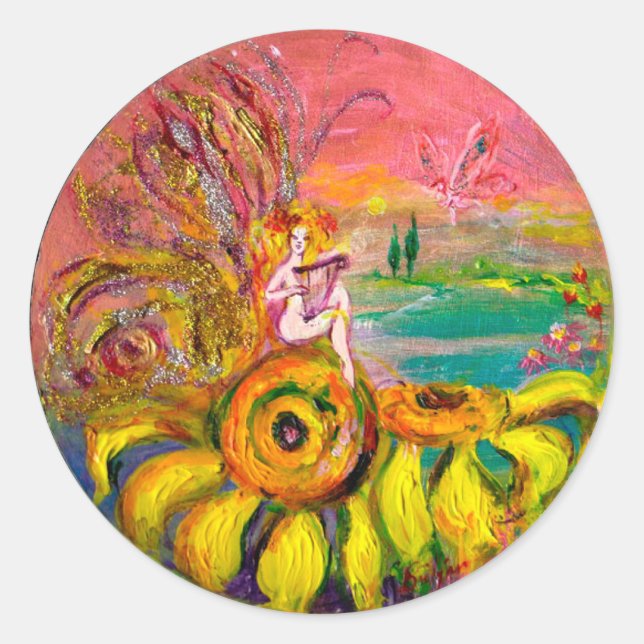 FAIRY OF THE SUNFLOWERS Gelb rosa schwarz Runder Aufkleber (Vorderseite)