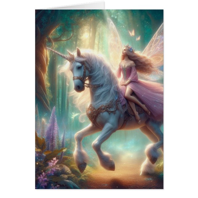 Fairy on her Unicorn Blank Inside Grey Card (Devant)