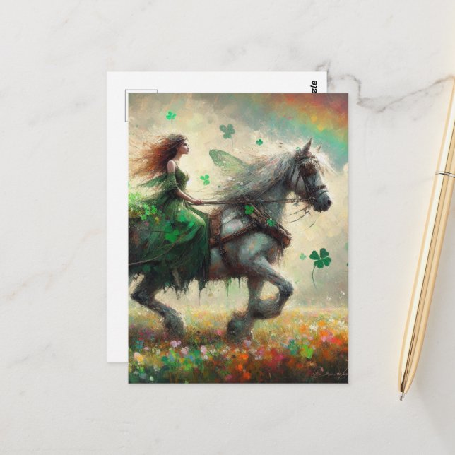 Fairy on Horseback Bringing Luck für St. Patricks Postkarte (Vorderseite/Rückseite Beispiel)