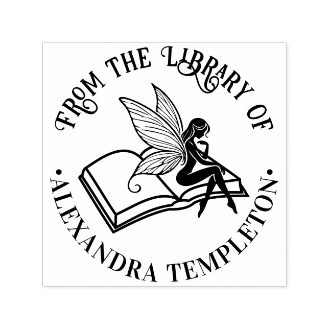 Fairy on Open Book “From the Library of” Name Permastempel (Design)