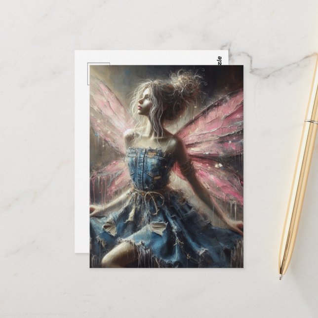 Fairy Patchwork Denim Dress Pink Wings Postkarte (Vorderseite/Rückseite Beispiel)