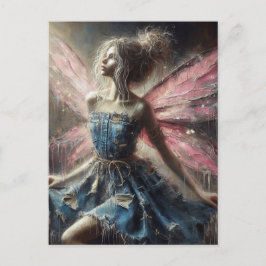 Fairy Patchwork Denim Dress Pink Wings Postkarte
