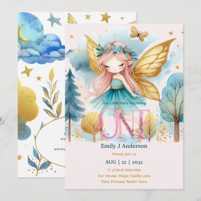 Fairy Princess 1st Birthday ONE Pink Fairycore Einladung (Vorne/Hinten)