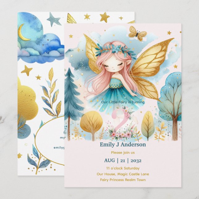 Fairy Princess 2. Geburtstag 2. Einladung (Vorne/Hinten)