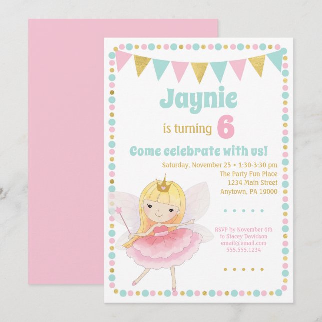 Fairy Princess Einladung Blonde Birthday Party (Vorne/Hinten)