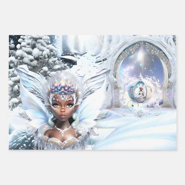 Fairy Princesses melanin verzauberter Waldschnee Geschenkpapier Set (Vorderseite)