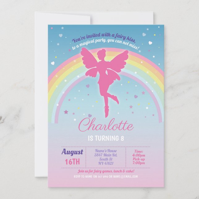 Fairy Rainbow Party Birthday Pink Magical Faires Einladung (Vorderseite)
