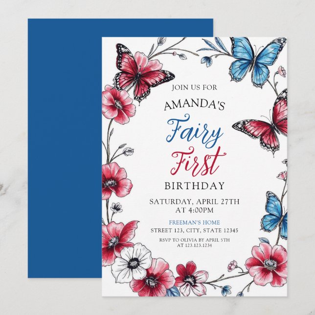 Fairy Red & Blue Butterfly Floral Erster Geburtsta Einladung (Vorne/Hinten)
