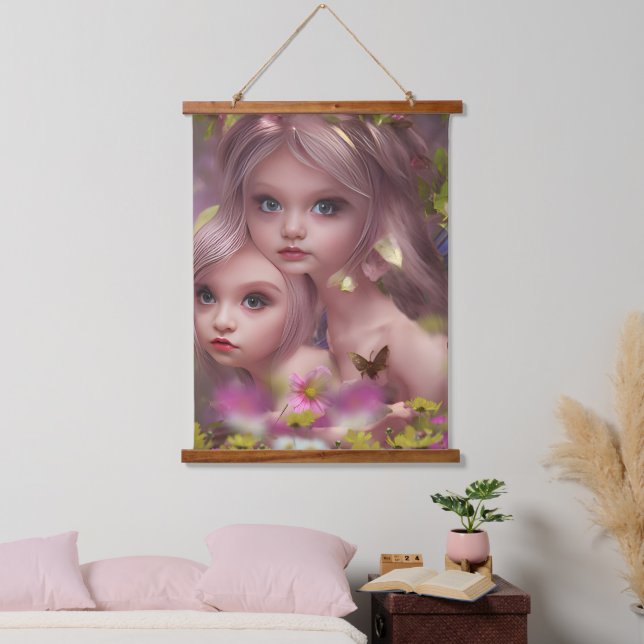 Fairy Sisters Unter den Blume im Wald Wandteppich Mit Holzrahmen (Schlafzimmer)