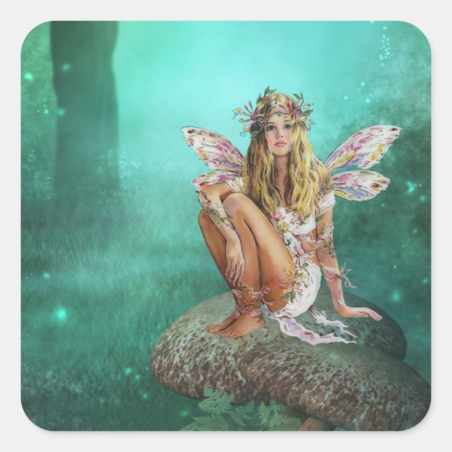 Fairy sitzt auf einem Mushroo Fantasy Square Stick Quadratischer Aufkleber (Vorderseite)