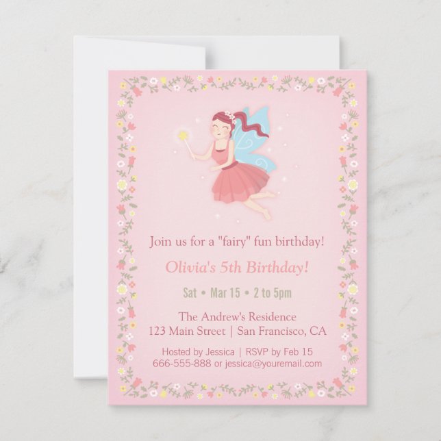 Fairy Spring Girls Rose Anniversaire Invitations (Devant)