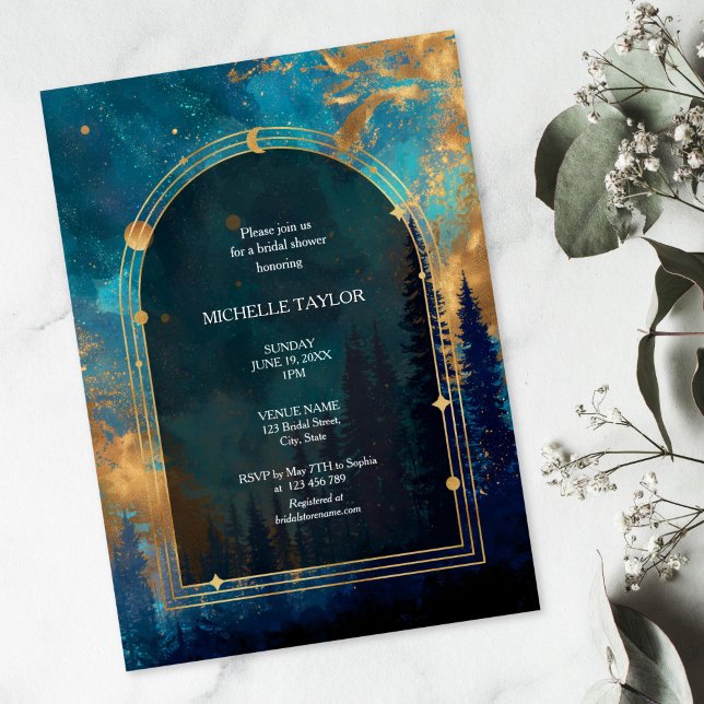 Fairy Tale Bezaubernder Wald Elegante Einladung (blue and gold midnight sky over the forest, bridal shower invitation)