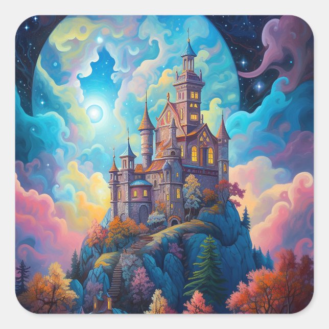 Fairy Tale Castel Fantastische Bergwelten Quadratischer Aufkleber (Vorderseite)