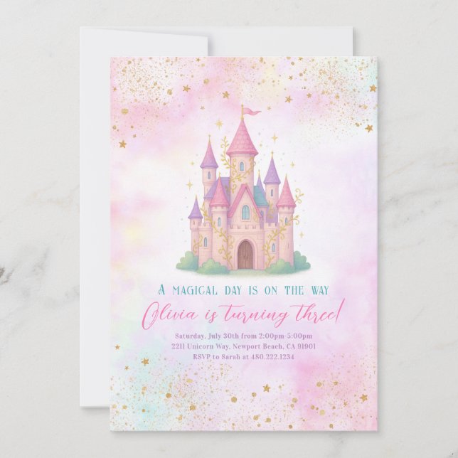 Fairy Tale Castle Pink Birthday Party Invitation Einladung (Vorderseite)