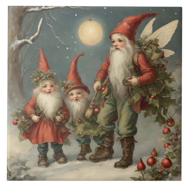 Fairy Tale Christmas Gnome Familie im Winterwald Fliese (Vorderseite)