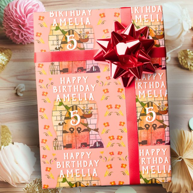 Fairy Tale Door Blume Zeichnend Girl Happy Birthda Geschenkpapier (Von Creator hochgeladen)