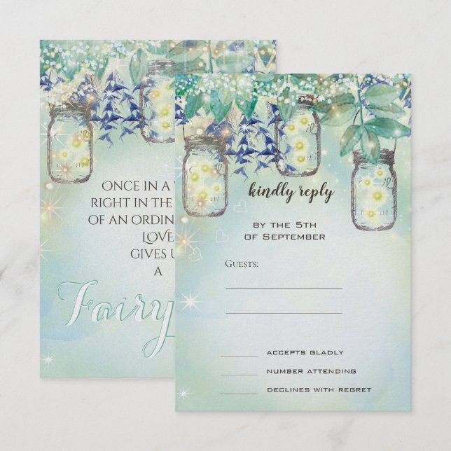 Fairy Tale Forest Blue Green Mason Jar Wedding Einladung (Vorne/Hinten)