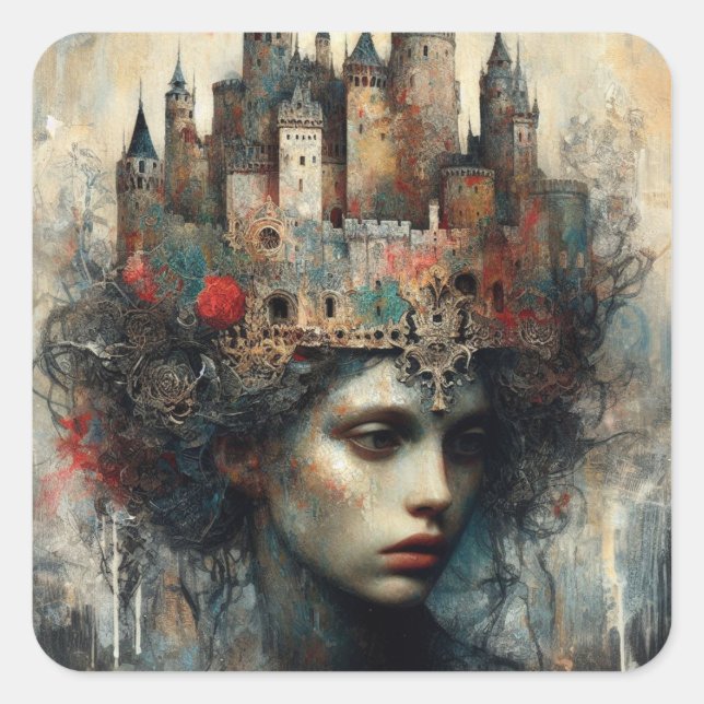 Fairy Tale Königin mit Schloss auf ihrem Kopf Quadratischer Aufkleber (Vorderseite)