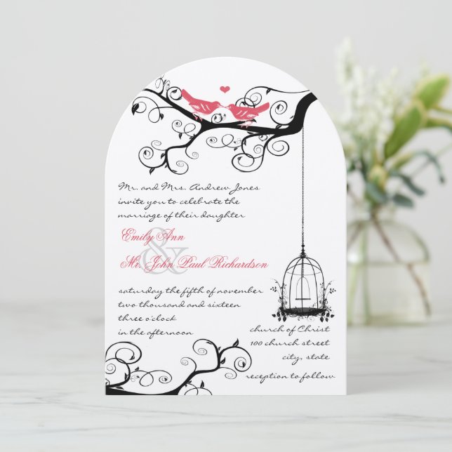 Fairy Tale Love Bird Pink Yarrow Wedite Einladung (Stehend Vorderseite)