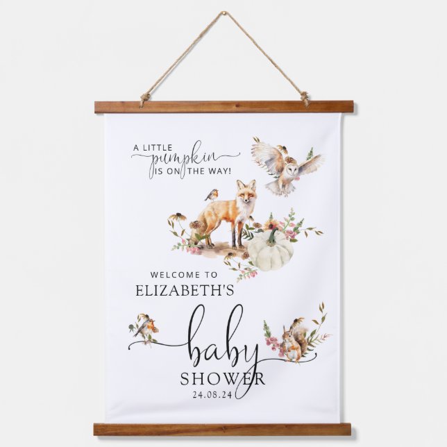 Fairy Tale Pumpkin Fall Baby Dusche Willkommen Wandteppich Mit Holzrahmen (Vorderseite)