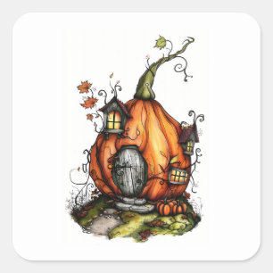 Fairy Tale Pumpkin House Quadratischer Aufkleber