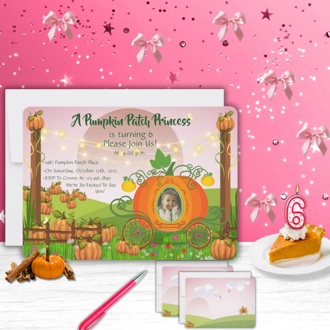 Fairy Tale Pumpkin Patch Princess Girl's Birthday Einladung (Fall mauve sky and whimsical pumpkin patch personalized photo and text girl's birthday invitations)