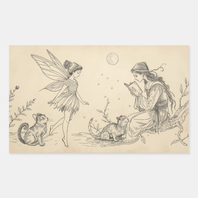  Fairy Tale–Themed Black and White Painting Images Rechteckiger Aufkleber (Vorderseite)
