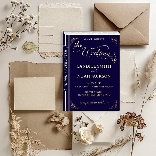 Fairy Tale Whimsical Book Cover Navy Blue Wedding Folieneinladung (Fairy Tale Navy Blue & Gold Book Cover - once upon a time, happily ever after wedding invitation)