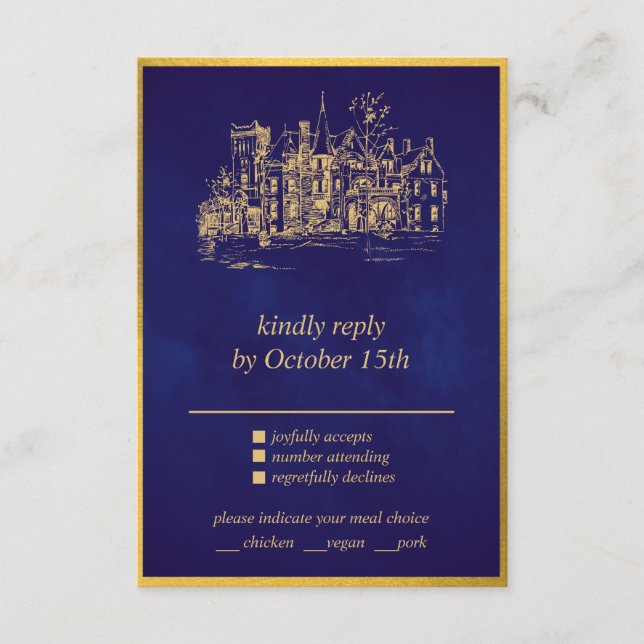 Fairy Tale Whimsical Castle Lila Gold RSVP Karte (Vorderseite)