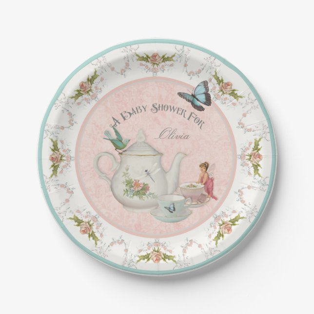 Fairy Tea Party Baby Dusche Party Dekoration Rose  Pappteller (Vorderseite)