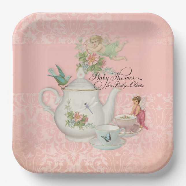 Fairy Tea Party Babydusche Dekoration Personalisie Pappteller (Vorderseite)