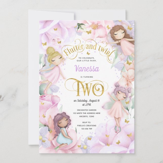 Fairy themed, Mädchen 2. Geburtstag Einladung (Vorderseite)