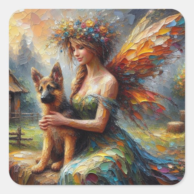 Fairy und German Shepherds Puppy Quadratischer Aufkleber (Vorderseite)