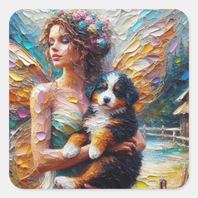 Fairy und ihr Berner Hund Welpe Quadratischer Aufkleber (Vorderseite)