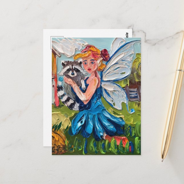 Fairy und ihr Niedlicher Raccoon Postkarte (Vorderseite/Rückseite Beispiel)