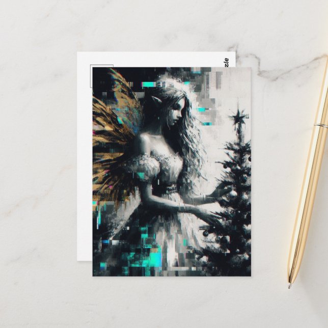 Fairy und ihr Weihnachtsbaum Glitch Postkarte (Vorderseite/Rückseite Beispiel)