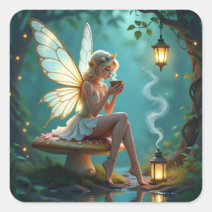 Fairy und Kaffee Behaltend in Touch Quadratischer Aufkleber