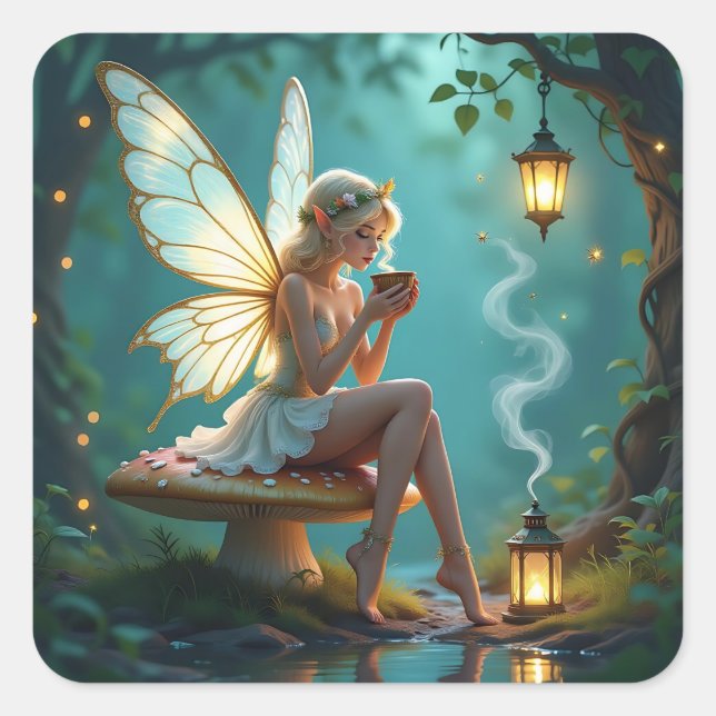 Fairy und Kaffee Behaltend in Touch Quadratischer Aufkleber (Vorderseite)