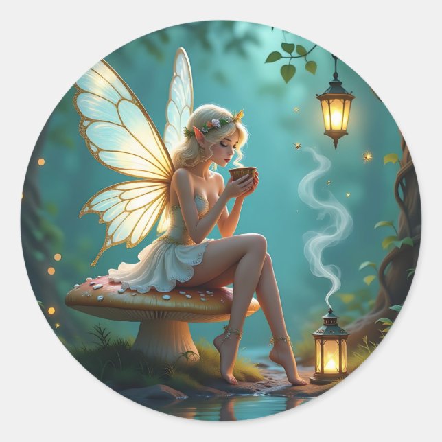Fairy und Kaffee Behaltend in Touch Runder Aufkleber (Vorderseite)