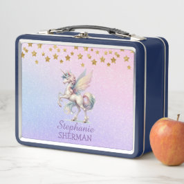 Fairy Unicorn Gold Stars Lila Pink Blue Glitzer Metall Brotdose