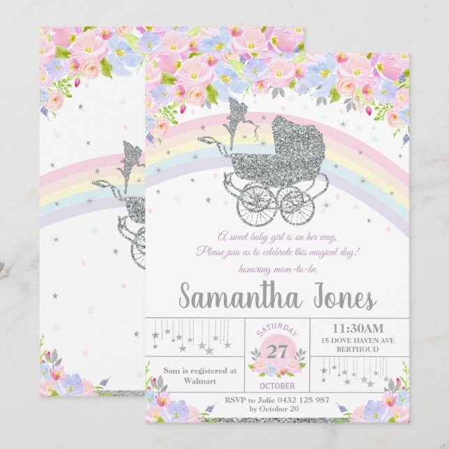 Fairy Vintag Pram Floral Silver Baby Dusche Einladung (Vorne/Hinten)