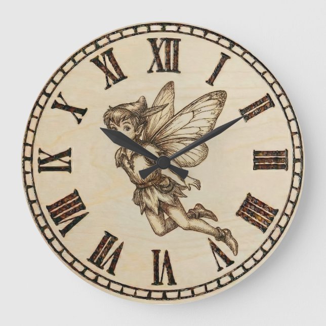 Fairy Wall Clock | Wood-Burned Fantasy  Große Wanduhr (Vorderseite)