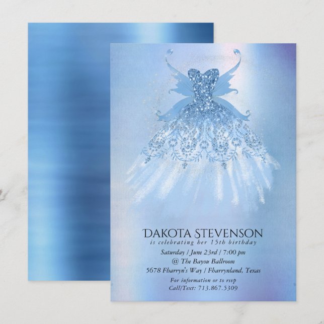 Fairy Wing Ice Gown | Frost Blue Iridescent Sheen Einladung (Vorne/Hinten)